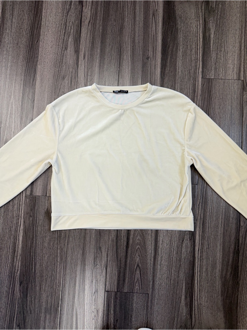 Zara Cream Velour Long-Sleeve Cropped Crewneck Sweatshirt